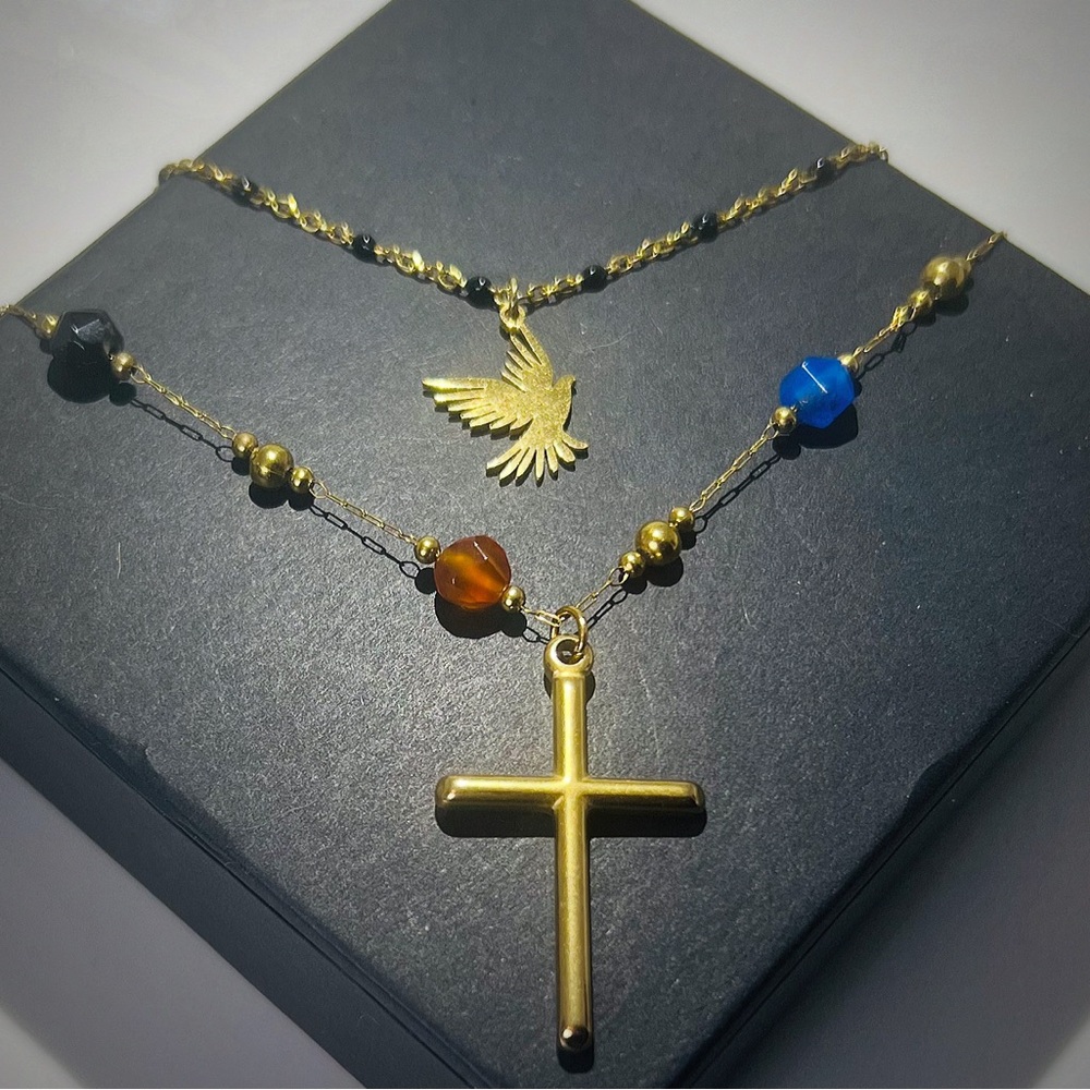 Colorful Natural Stone Bead Chain w Enamel Bead Dove Chain 18k Gold - Picture 1 of 4